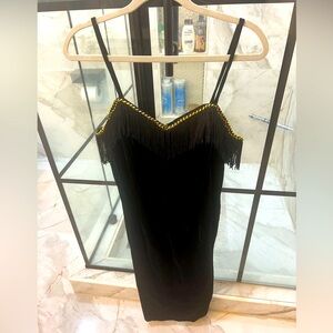 CLUES COLLECTION Vintage Velvet 20s Fringe Dress with Gold Lining- Black Size 12